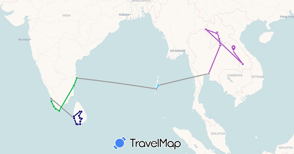 TravelMap itinerary: driving, bus, plane, train, boat in India, Laos, Sri Lanka, Thailand (Asia)
